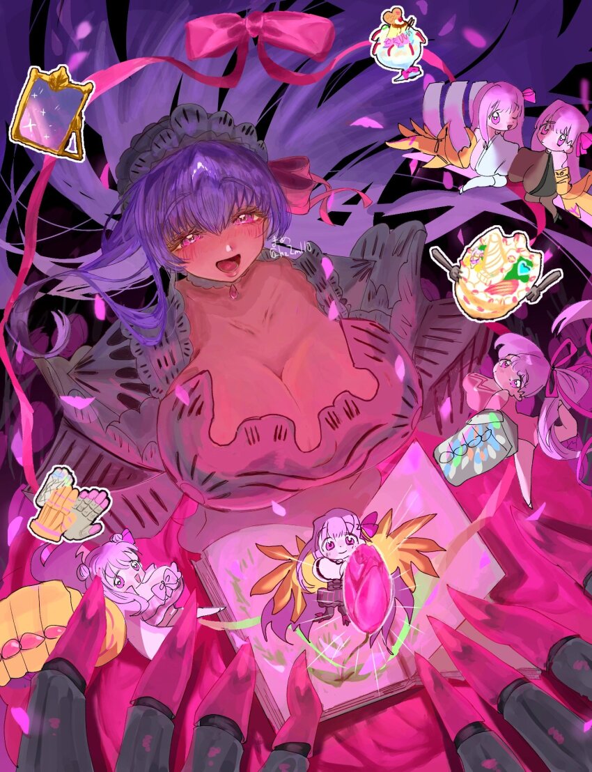 6+girls, armor, armored_dress, bikini, birthday, book, bow, breast_press