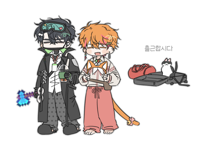 1boy, 2boys, animal_ears, bag, barefoot, black_coat, black_gloves, black_hair