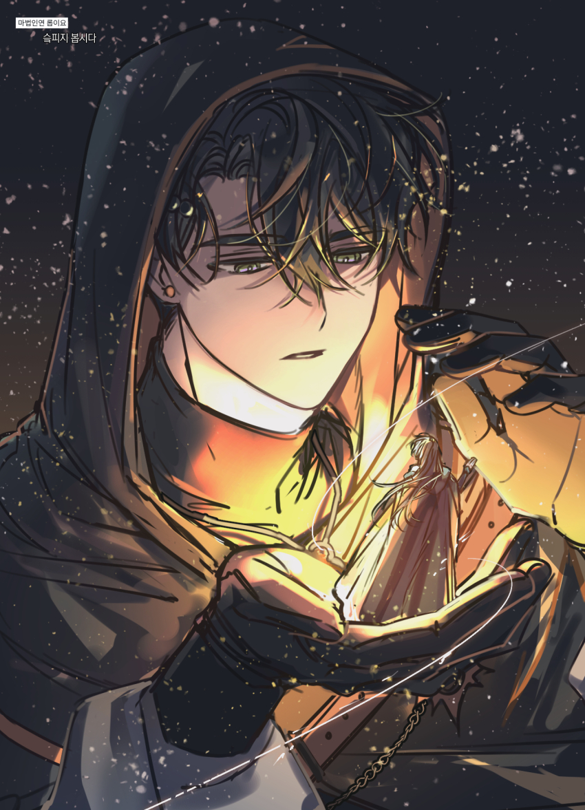 1boy, black_cloak, black_gloves, black_hair, black_hood, cloak, dark_background, earrings