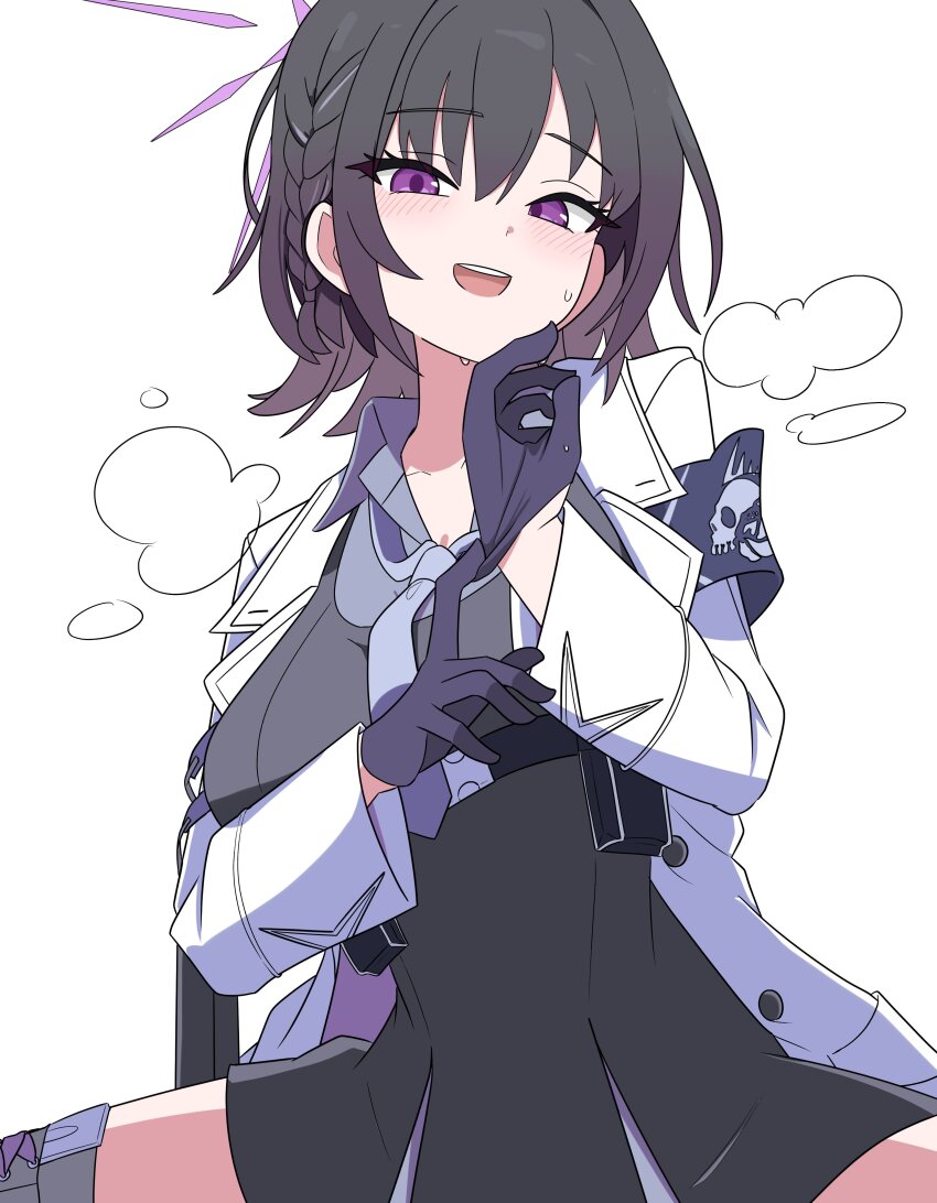 1girl, absurdres, arius_branch_school_logo, black_gloves, black_hair, black_skirt, blue_archive, braid