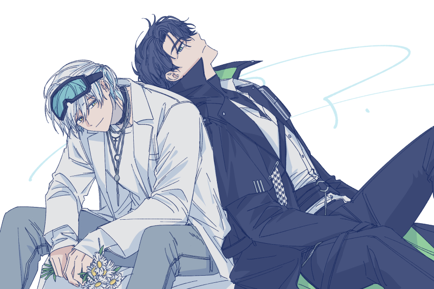 2boys, back-to-back, black_coat, black_hair, black_pants, chain, chain_necklace, coat