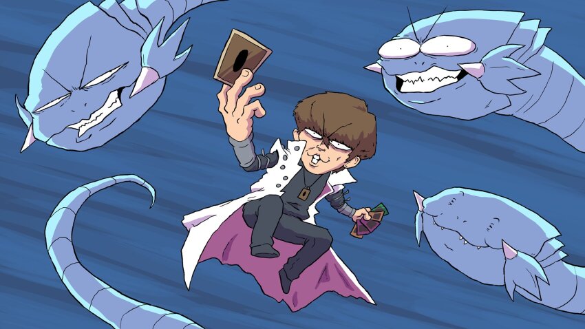 1boy, blue-eyes_white_dragon, brown_hair, card, dragon, drawfee, duel_monster, highres, jacket, kaiba_seto, nathan_yaffe, parody, style_parody, teeth, worthikids_(style), yu-gi-oh!