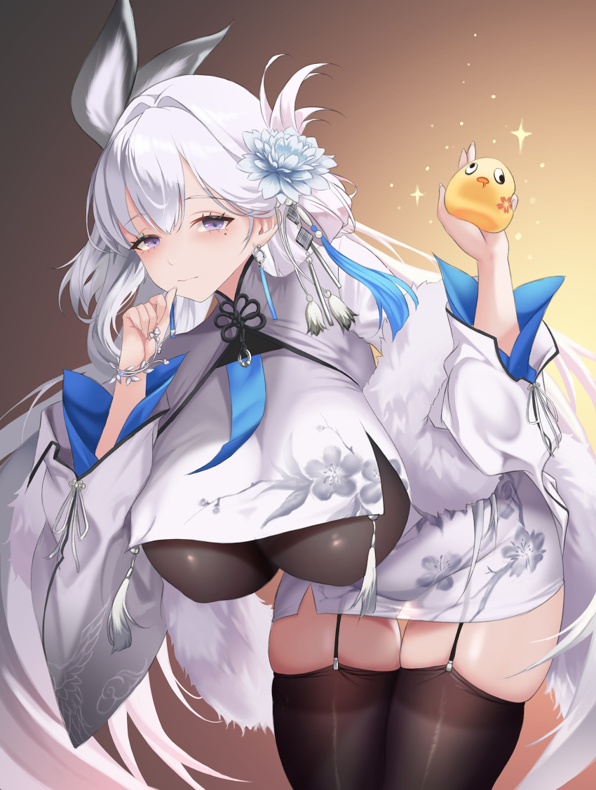 1girl, absurdres, black_background, black_thighhighs, blue_flower, blush, bodystocking, breasts, closed_mouth, coat, commentary, earrings, floral_print, floral_print_skirt, flower, fur-trimmed_coat, fur_trim, garter_straps, goddess_of_victory:_nikke, gradient_background, hair_between_eyes, hair_flower, hair_intakes, hair_ornament, hands_up, hanging_breasts, highres, holding, jewelry, large_breasts, leaning_forward, long_hair, long_sleeves, looking_at_viewer, mad_kimo, mole, mole_under_eye, print_skirt, print_sleeves, purple_eyes, single_breast_curtain, skirt, snow_crane_(nikke), solo, sparkle, tassel, thighhighs, thighs, two-sided_sleeves, very_long_hair, white_coat, white_hair, white_skirt, wide_sleeves