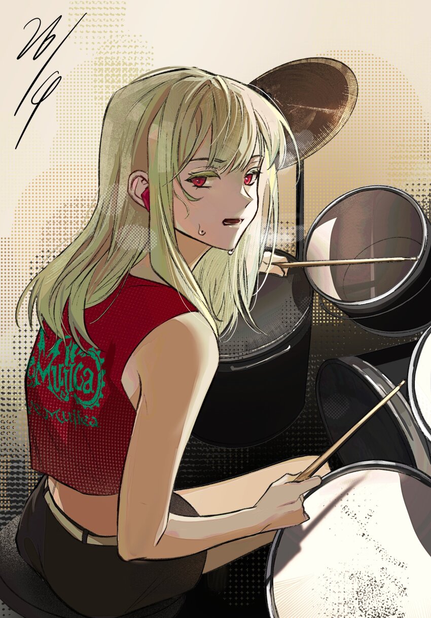 1girl, absurdres, bang_dream!, bang_dream!_it's_mygo!!!!!, black_shorts, drum, drum_set, green_hair