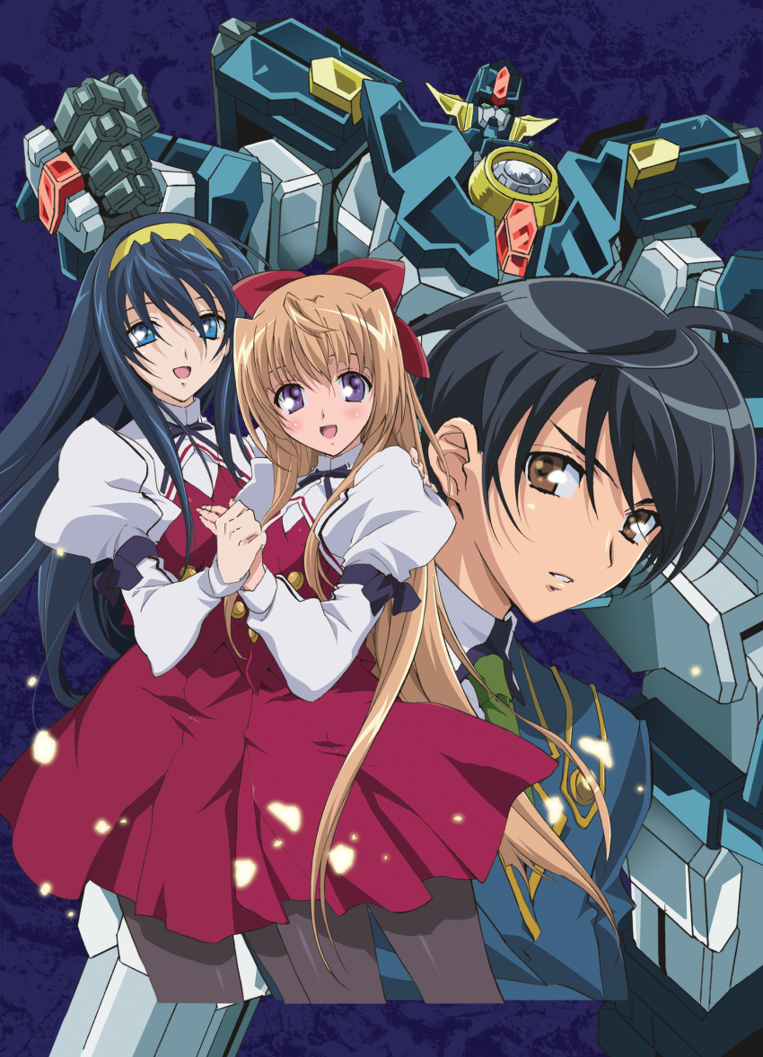 00s, 1boy, 2girls, absurdres, black_hair, blonde_hair, blue_eyes, blue_hair