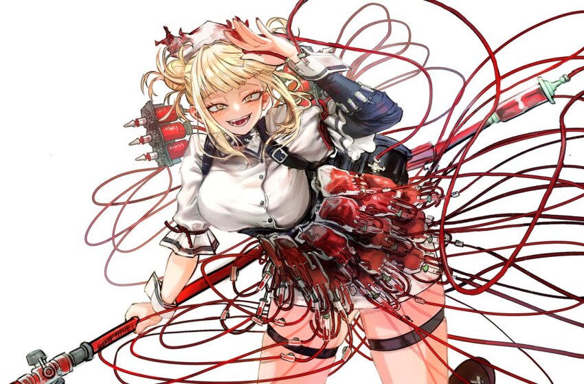 1girl, blonde_hair, blood, blood_bag, blood_on_clothes, boku_no_hero_academia, breasts, byeol_geo