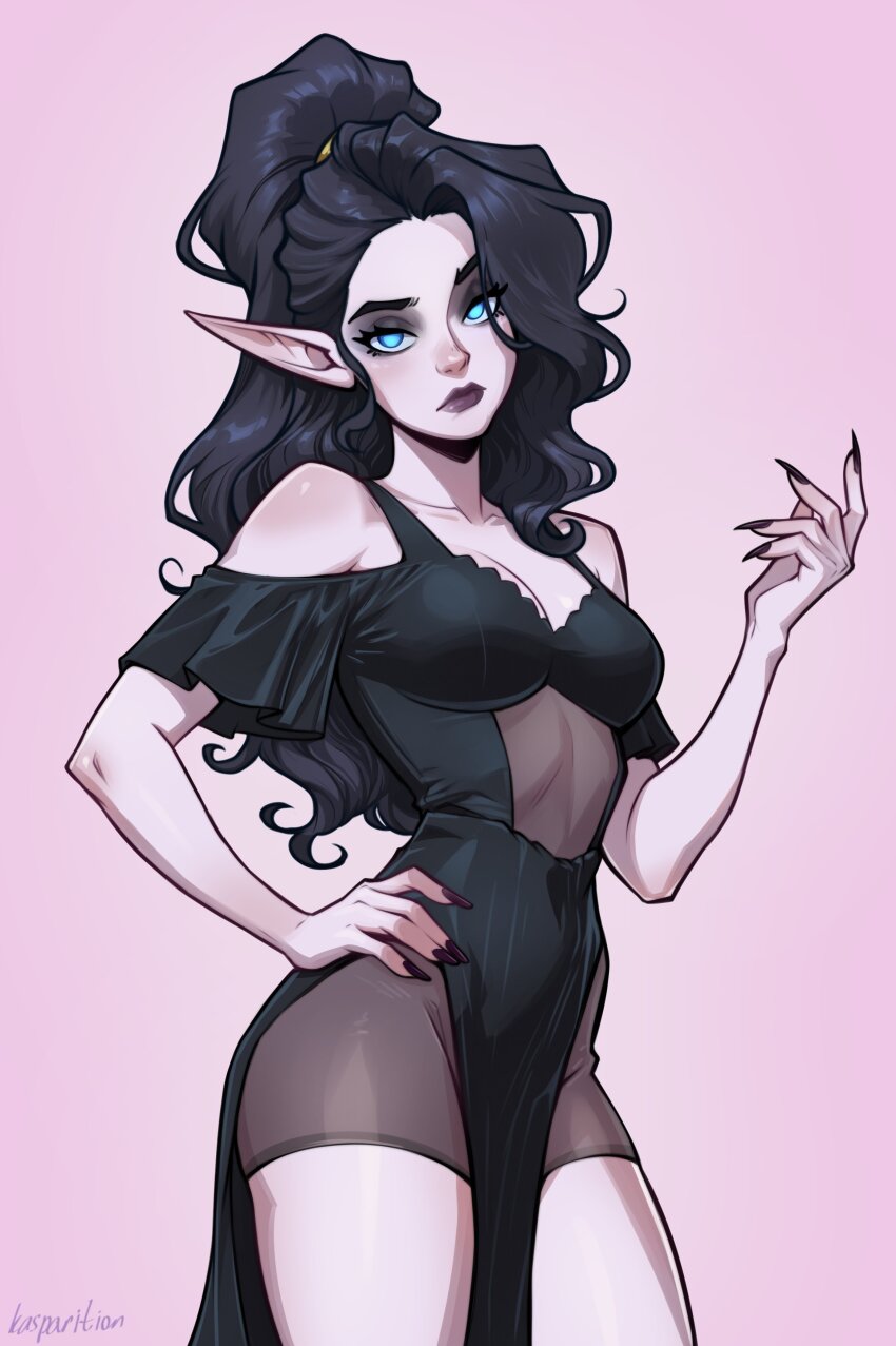 1girl, absurdres, artist_name, asymmetrical_bangs, black_dress, black_hair, blue_eyes, bodystocking