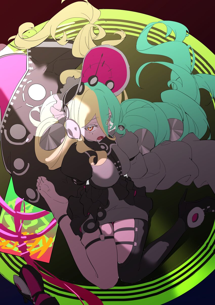 1girl, absurdres, asymmetrical_legwear, blonde_hair, commentary_request, duel_monster, eyelashes, eyes_visible_through_hair