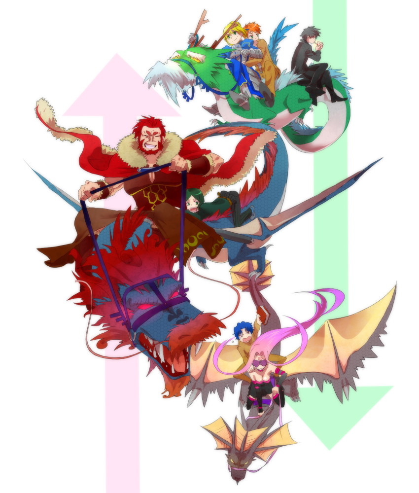 2girls, 5boys, artoria_pendragon_(fate), bad_id, bad_pixiv_id, blindfold, cigarette, dragon, emiya_kiritsugu, emiya_shirou, fate/zero, fate_(series), flying, green_eyes, highres, iskandar_(fate), komio_(do@ho), matou_shinji, medusa_(fate), medusa_(rider)_(fate), multiple_boys, multiple_girls, new_ears, new_year, riding, saber_(fate), tears, waver_velvet