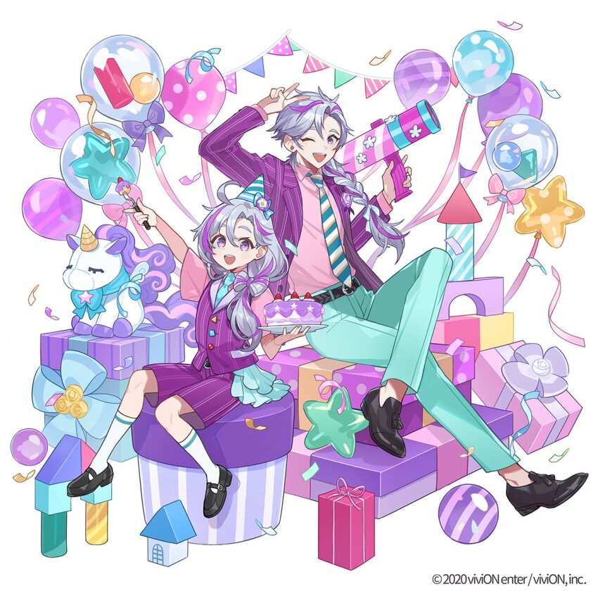 2boys, :d, ;d, age_comparison, ahoge, aqua_necktie, arm_up, ball