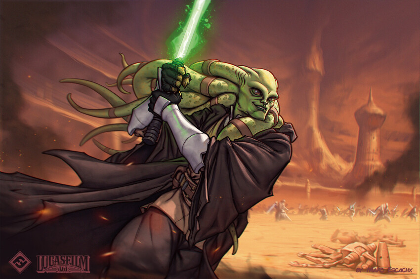 1boy, alien, black_gloves, brown_eyes, colored_skin, energy_sword, fingerless_gloves, gloves, green_lightsaber, green_skin, highres, holding, holding_sword, holding_weapon, kit_fisto, lightsaber, marc_escachx, nautolan, solo, star_wars, star_wars:_attack_of_the_clones, sword, tentacle_hair, weapon