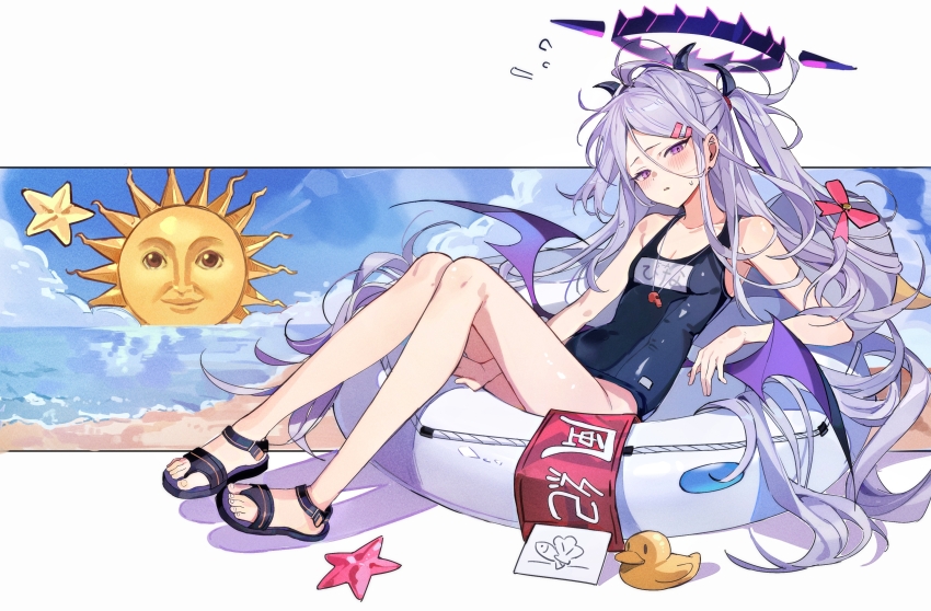 1girl, absurdres, ahoge, bare_shoulders, beach, black_halo, blue_archive, blue_one-piece_swimsuit