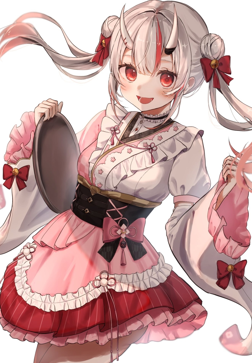 1girl, bell, bow, breasts, choker, commentary_request, double_bun, dress