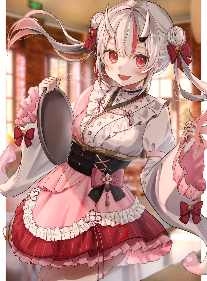 1girl, bell, bow, breasts, choker, commentary_request, double_bun, dress