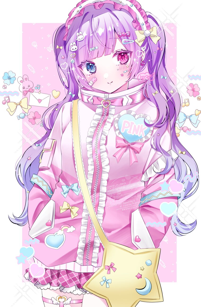 1girl, absurdres, animal_print, bag, bandaid, bandaid_on_cheek, bandaid_on_face, blue_eyes