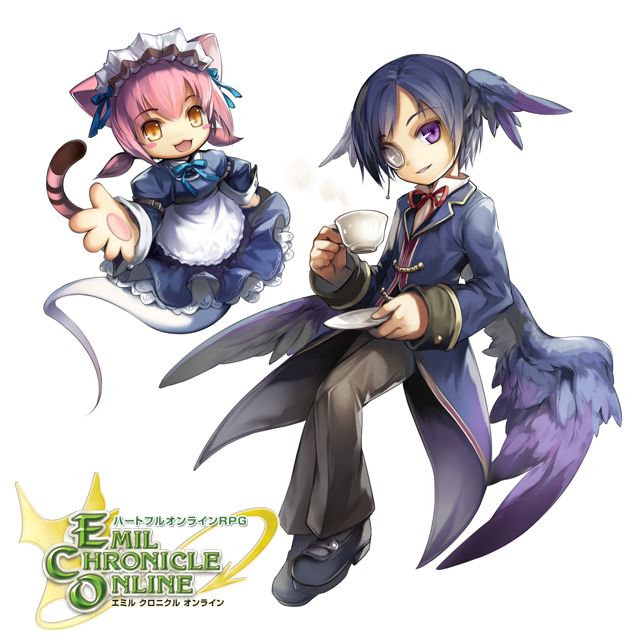 1boy, 1girl, :3, animal_ears, apron, black_wings, blue_dress, blue_hair