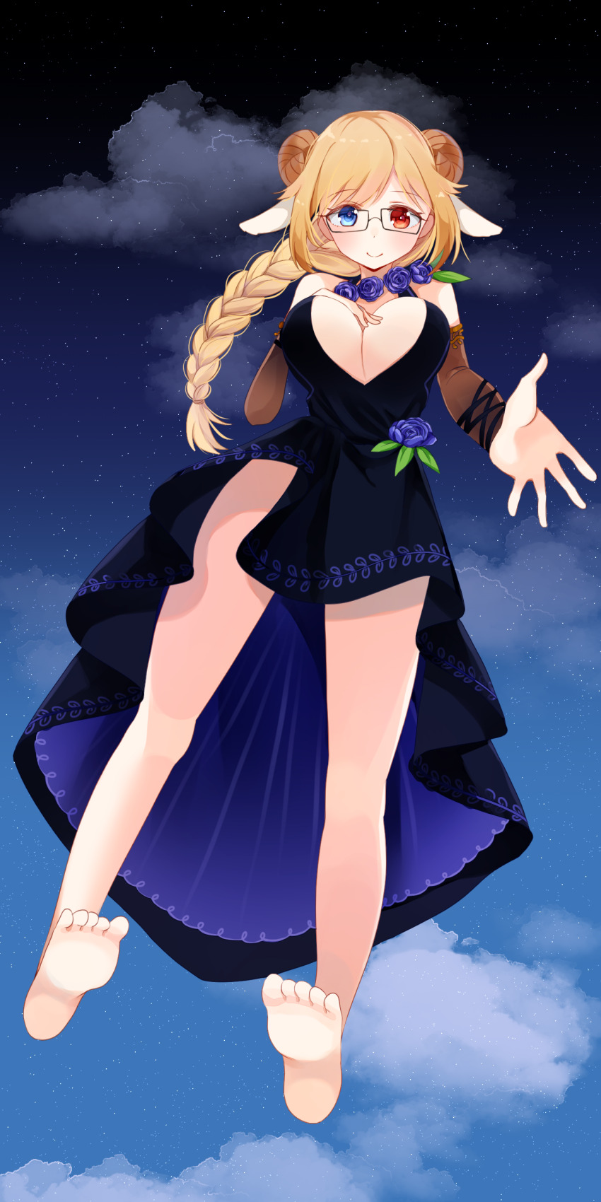 absurdres, animal_ears, arpiel, barefoot, black_dress, blonde_hair, braid, breasts