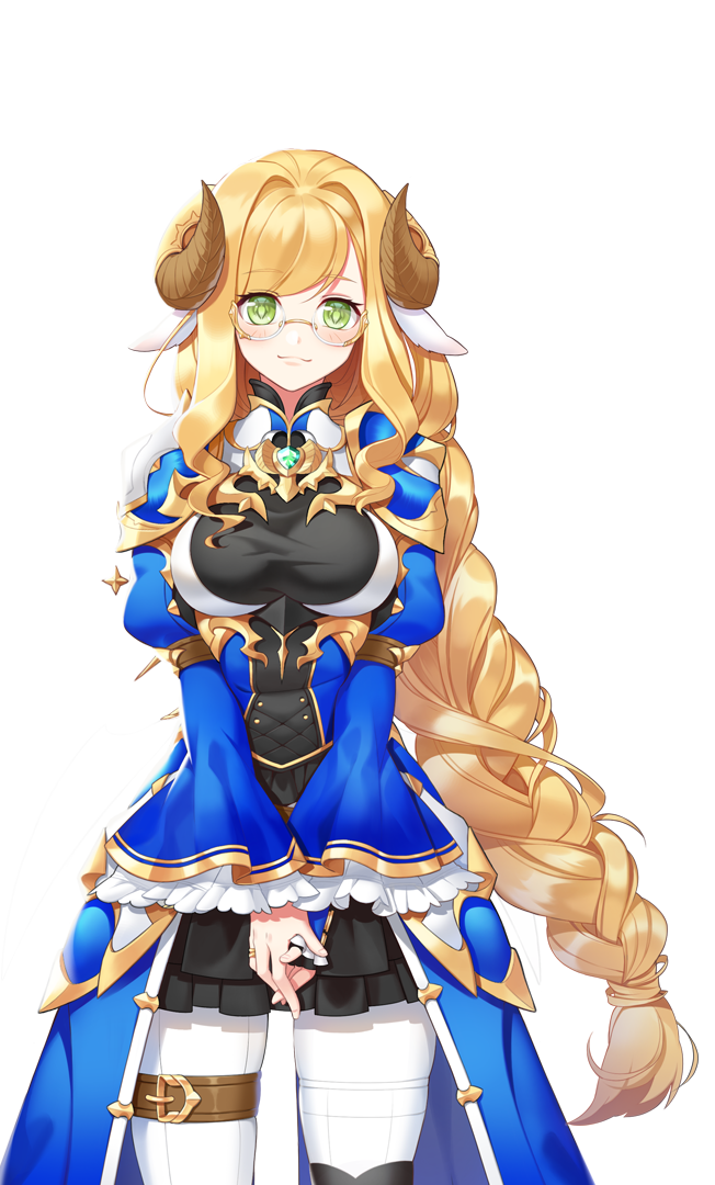 animal_ears, arpiel, blonde_hair, braid, breasts, cecil_(arpiel), glasses, green_eyes, horns, large_breasts, light_smile, long_hair, non-web_source, official_art, sheep_girl, sheep_horns, single_braid, very_long_hair