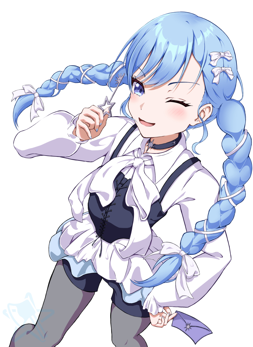 1girl, absurdres, axe, black_choker, black_pantyhose, black_vest, blue_eyes, blue_hair, bow, braid, choker, collared_shirt, commentary, hair_bow, hand_on_own_hip, hand_up, highres, holding, holding_key, holding_letter, hololive, hoshimachi_suisei, key, letter, long_sleeves, miniskirt, one_eye_closed, open_mouth, pantyhose, primadonna_(hoshimachi_suisei), shirt, shorts, simple_background, skirt, smile, soware, star_(symbol), star_in_eye, symbol_in_eye, twin_braids, vest, virtual_youtuber, watermark, white_background, white_bow
