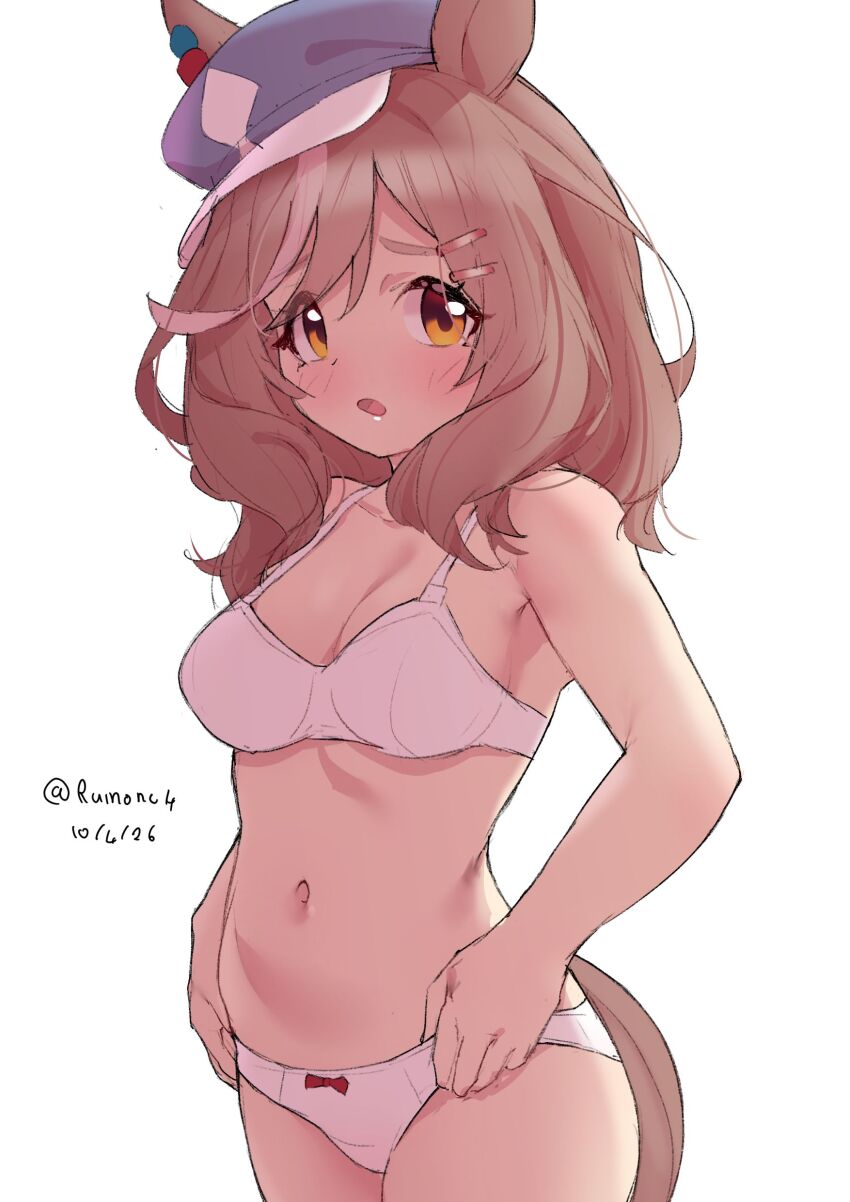 1girl, absurdres, animal_ears, baaren_bear_(super_bear_adventure), blue_hat, blush, bra, breasts, brown_hair, collarbone, commentary, ears_through_headwear, hair_ornament, hairclip, hat, highres, horse_ears, horse_girl, horse_tail, long_hair, looking_at_viewer, matikanetannhauser_(umamusume), medium_breasts, multicolored_hair, navel, newsboy_cap, open_mouth, panties, ruinone, solo, stomach, streaked_hair, tail, tilted_headwear, umamusume, underwear, white_bra, white_panties, yellow_eyes