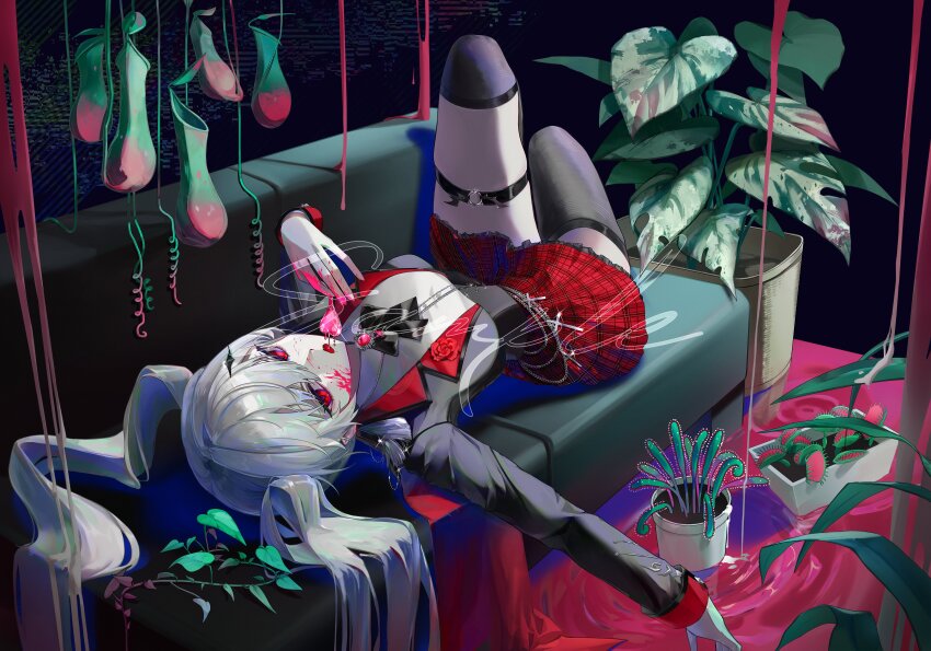 1girl, absurdres, biigagrim, black_thighhighs, character_request, commentary_request, copyright_request, grey_hair, hair_between_eyes, highres, korean_commentary, long_hair, looking_at_viewer, red_eyes, solo, thigh_strap, thighhighs, thighs, virtual_youtuber