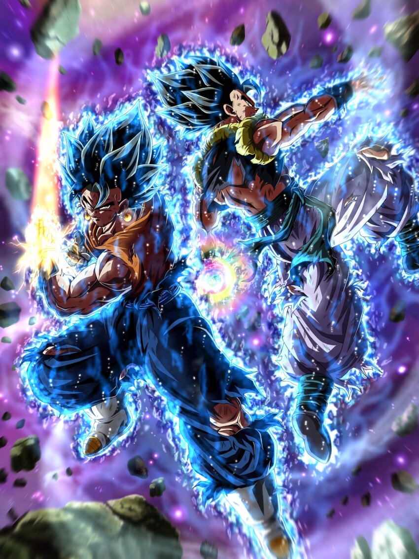 2boys, arm_blade, aura, black_hair, black_vest, blue_pants, blue_shirt, boots