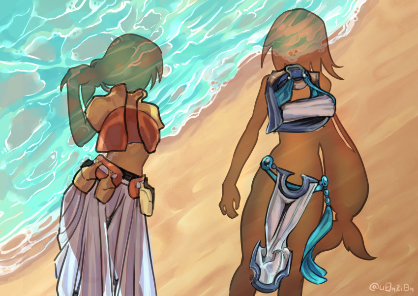 2girls, absurdres, artist_name, artist_request, beach, belt, belt_pouch, black_belt