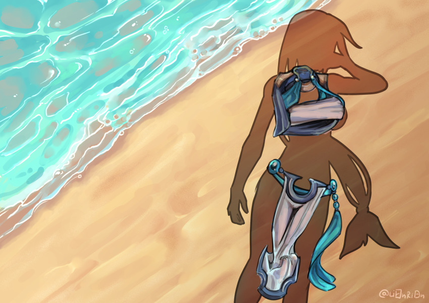 1girl, absurdres, artist_name, artist_request, beach, blue_vest, breasts, chest_sarashi