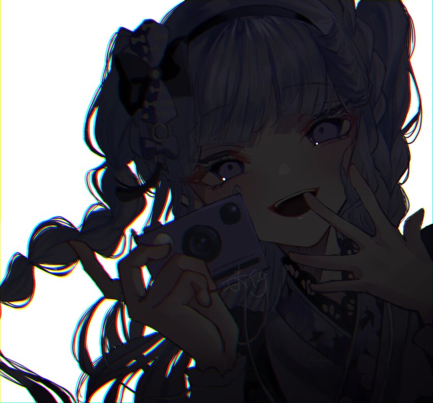 1girl, bow, bowtie, braid, camera, harumachi_kanata, highres, hime_cut