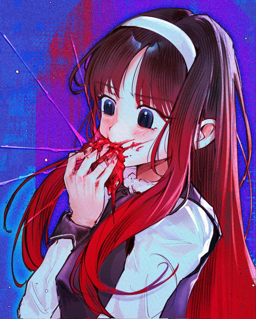 1girl, black_hair, blood, blue_background, gradient_hair, hairband, highres, long_hair