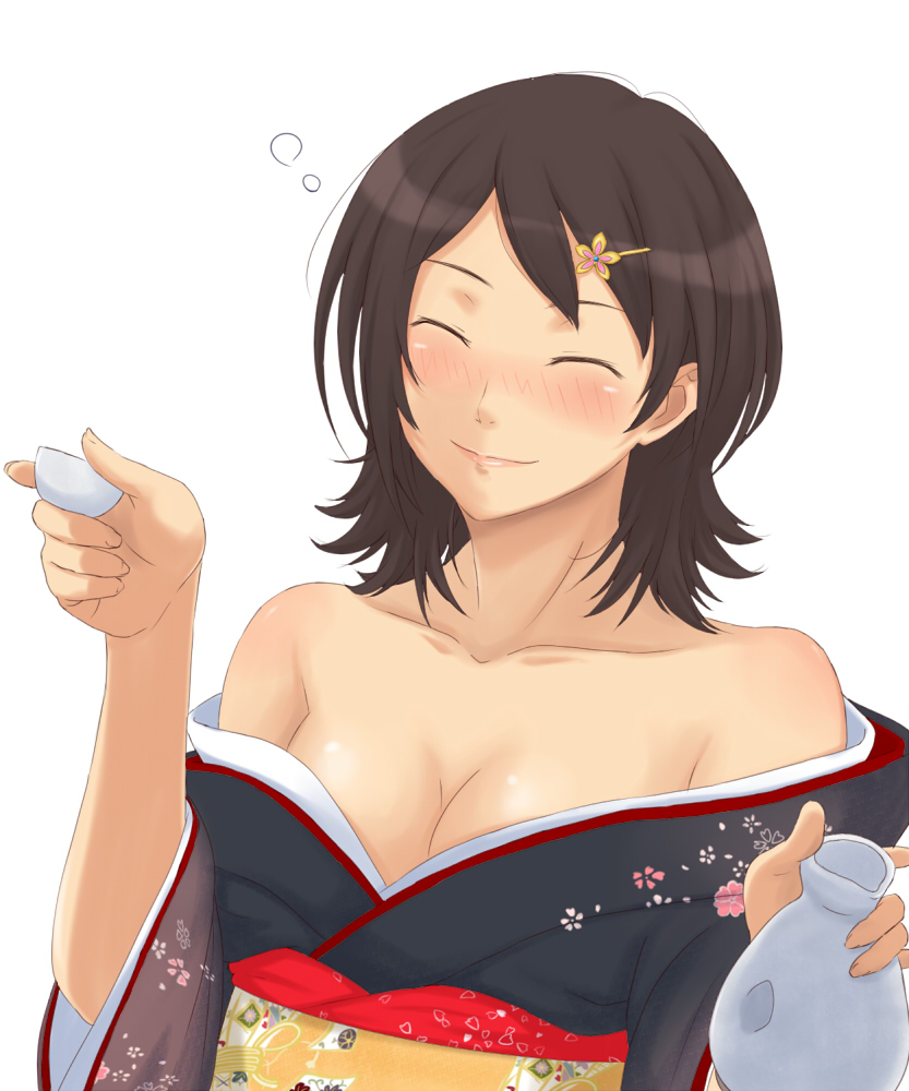 1girl, alcohol, amagami, bare_shoulders, breasts, brown_hair, cleavage, closed_eyes