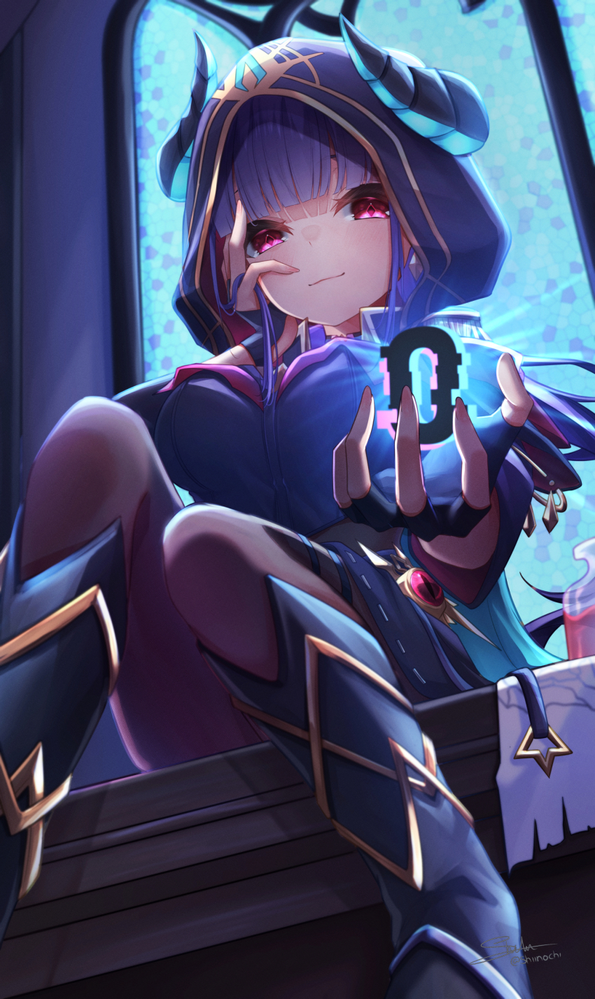 1girl, absurdres, backlighting, black_boots, black_gloves, black_pantyhose, blue_hair, blunt_bangs