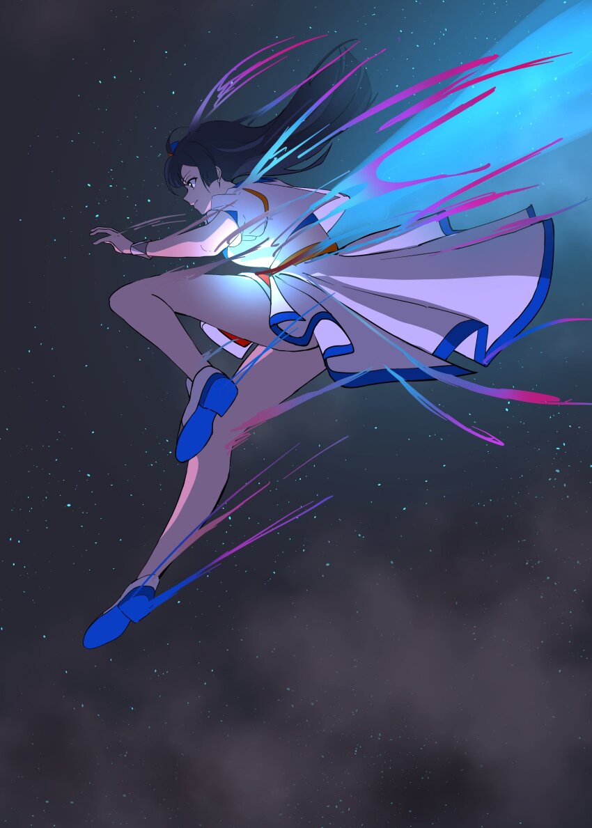 1girl, absurdres, black_hair, blue_shoes, burn!!_(love_live!), cloud, commentary, convenient_censoring