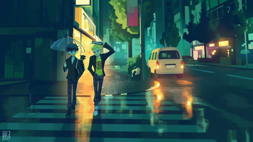 >:(, 2boys, absurdres, alina_l, amamiya_ren, arm_up, bag, black-framed_eyewear