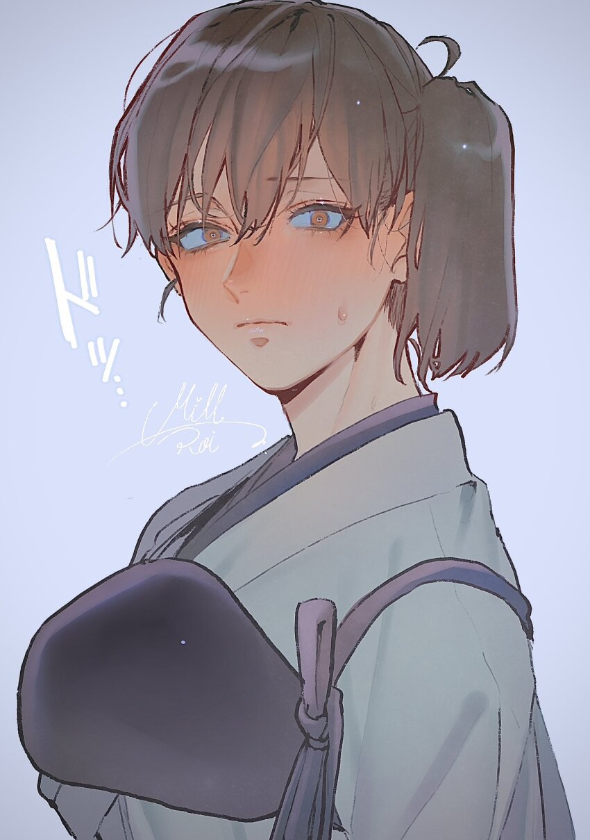 1girl, blue_background, blush, breasts, brown_eyes, brown_hair, closed_mouth, commentary_request