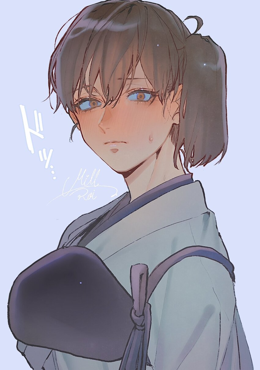 1girl, blue_background, blush, breasts, brown_eyes, brown_hair, closed_mouth, commentary_request