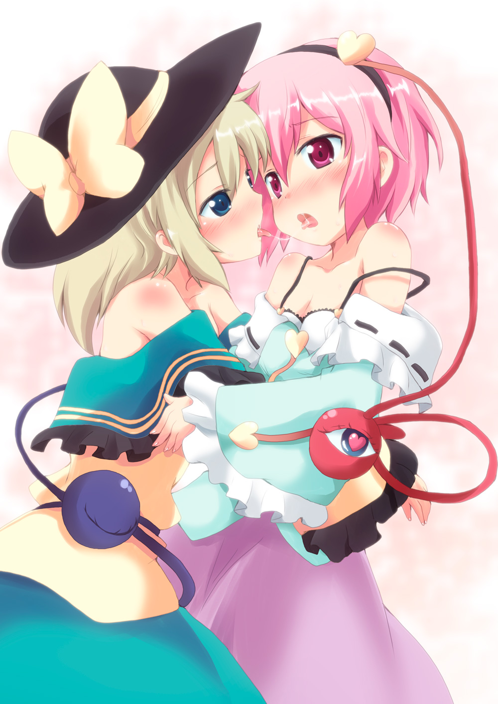 2girls, after_kiss, bare_shoulders, blonde_hair, blue_eyes, blush, bra, eyeball