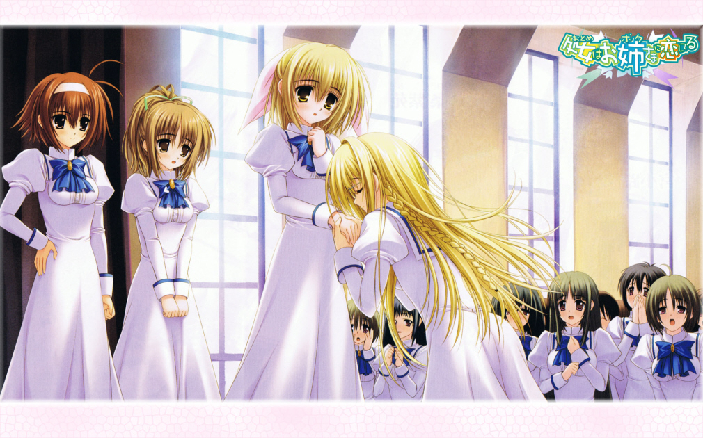 00s, 6+girls, :o, black_hair, blonde_hair, blue_bow, blush, bow