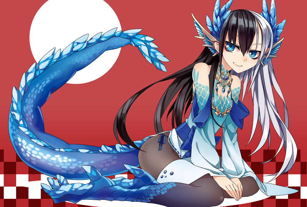 1girl, aqua_eyes, black_hair, blue_eyes, detached_sleeves, dragon, dragon_girl, dragon_tail