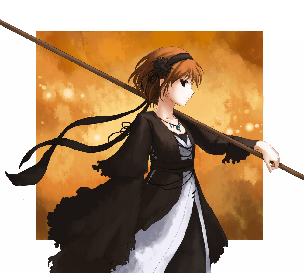 1girl, bad_id, bad_pixiv_id, brown_hair, carrying, dress, female_focus, frills, hair_ribbon, jewelry, necklace, original, pole, polearm, ribbon, short_hair, shoulder_carry, solo, toufu_(beancurd_cake), weapon