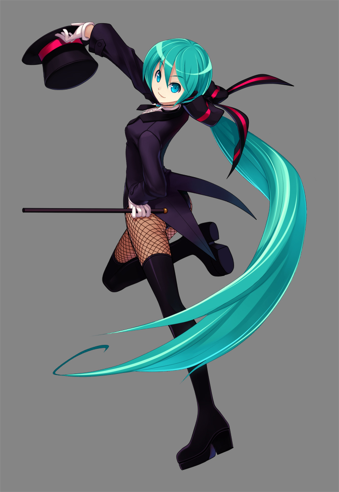 1girl, aqua_eyes, aqua_hair, boots, erian, female_focus, fishnet_pantyhose, fishnets, gloves, hair_ribbon, hand_on_own_hip, hat, hatsune_miku, hatsune_miku_(magician), hip_focus, holding, holding_unworn_clothes, holding_unworn_hat, leg_lift, long_hair, looking_back, low_ponytail, magician, miracle_paint_(vocaloid), pantyhose, ponytail, project_diva, project_diva_(series), ribbon, simple_background, solo, thigh_boots, thighhighs, top_hat, unworn_hat, unworn_headwear, very_long_hair, vocaloid, wand