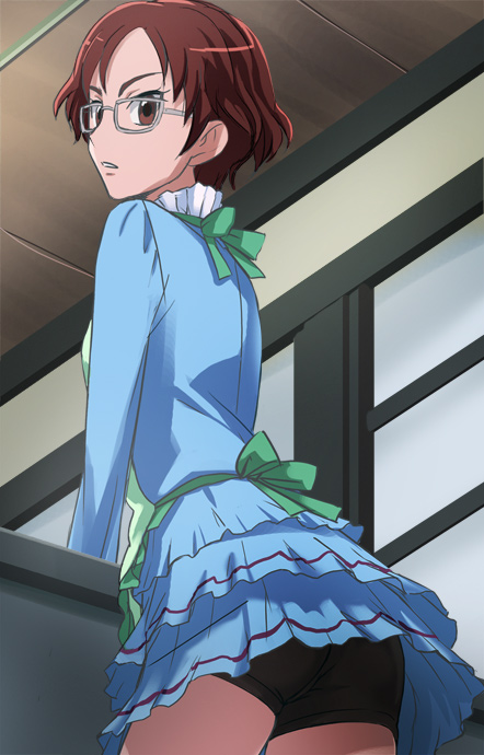 10s, 1girl, apron, blue_shirt, brown_eyes, brown_hair, ceiling, classmate_with_glasses_(suite_precure), classroom, desk, female_focus, from_behind, from_below, glasses, haruyama_kazunori, looking_back, precure, school, school_uniform, shirt, shorts, shorts_under_skirt, solo, suite_precure