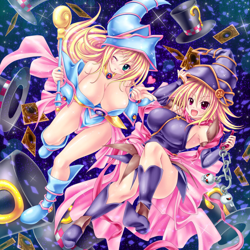 2girls, blonde_hair, boots, breasts, card, dark_magician_girl, duel_monster, gagaga_girl
