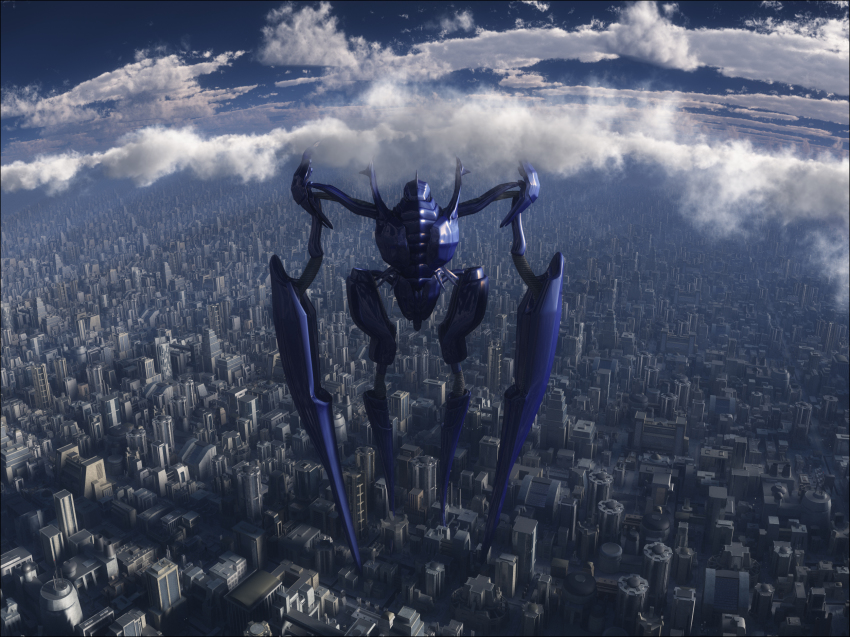 3d, aiuuu, bokurano, city, cityscape, cloud, highres, mecha, no_humans, robot, scenery, sky, zearth