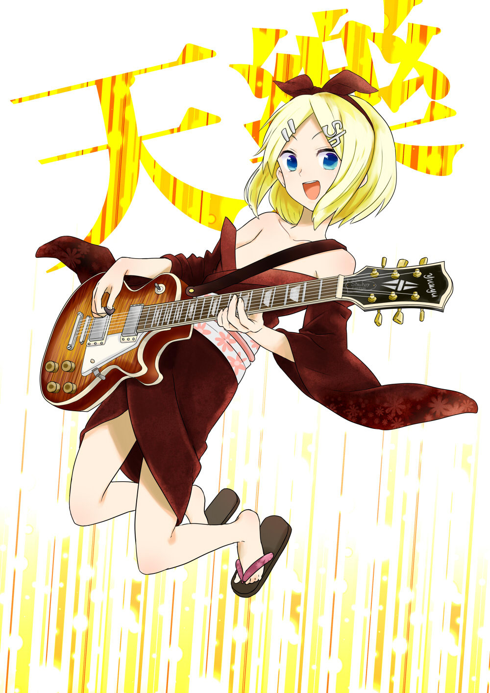 1girl, bare_shoulders, blonde_hair, blue_eyes, electric_guitar, female_focus, guitar, hair_ornament