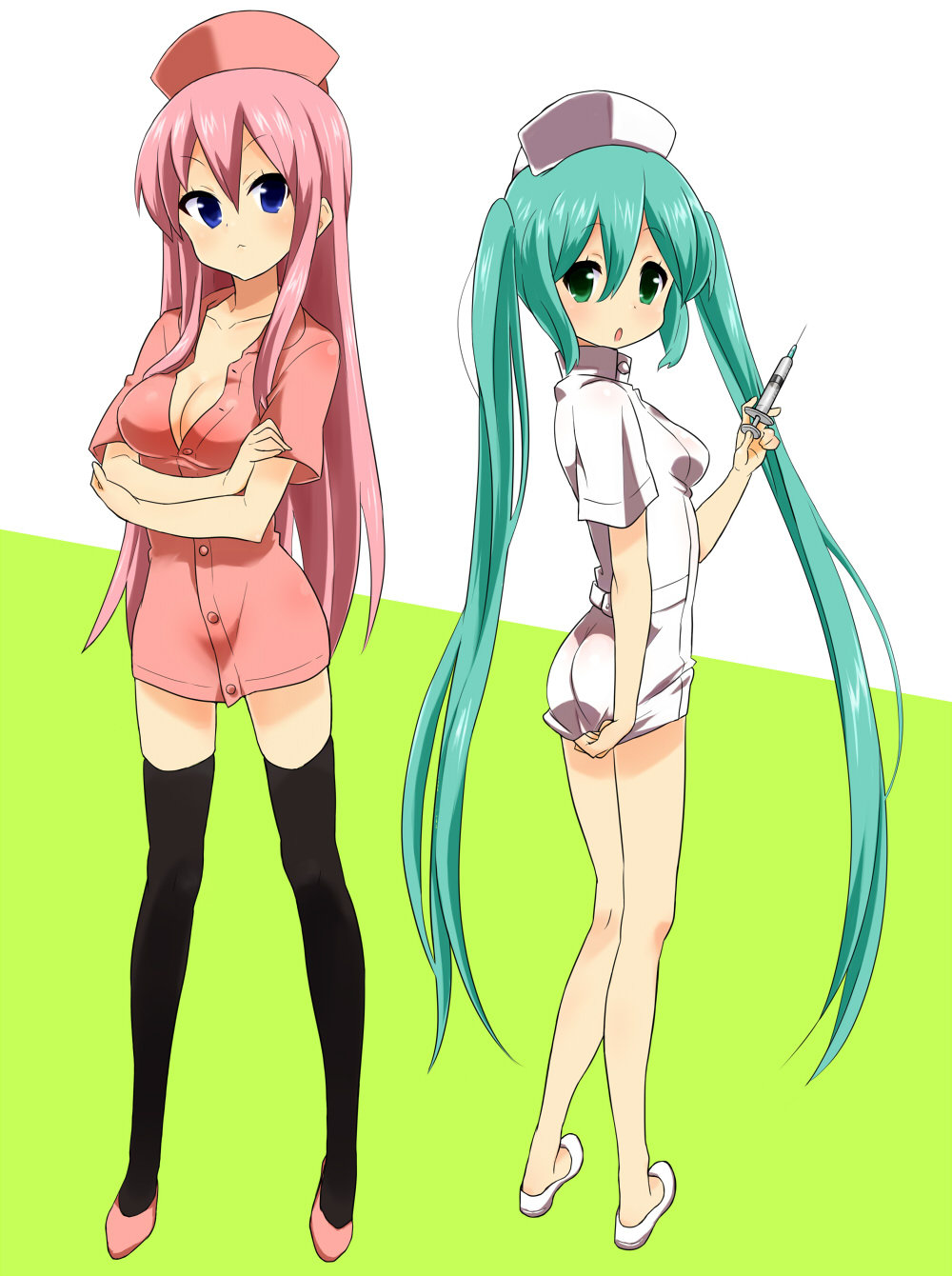 2girls, :<, aqua_eyes, aqua_hair, blue_eyes, breasts, cleavage, duplicate