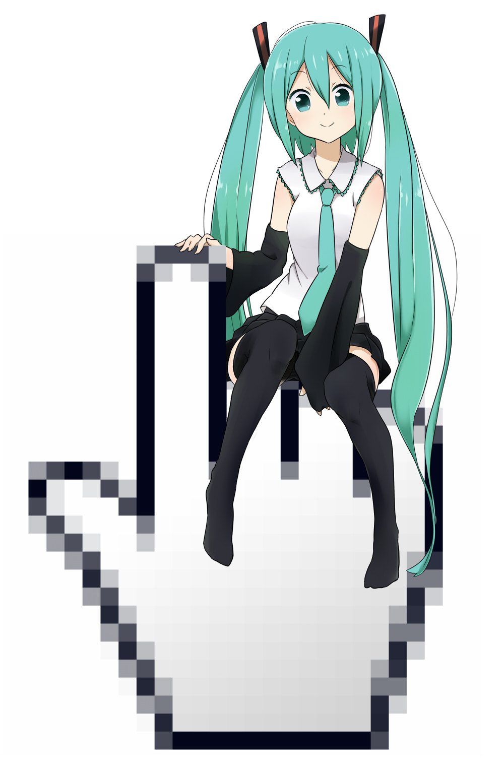 1girl, aqua_eyes, aqua_hair, aqua_necktie, black_thighhighs, cursor, detached_sleeves, female_focus