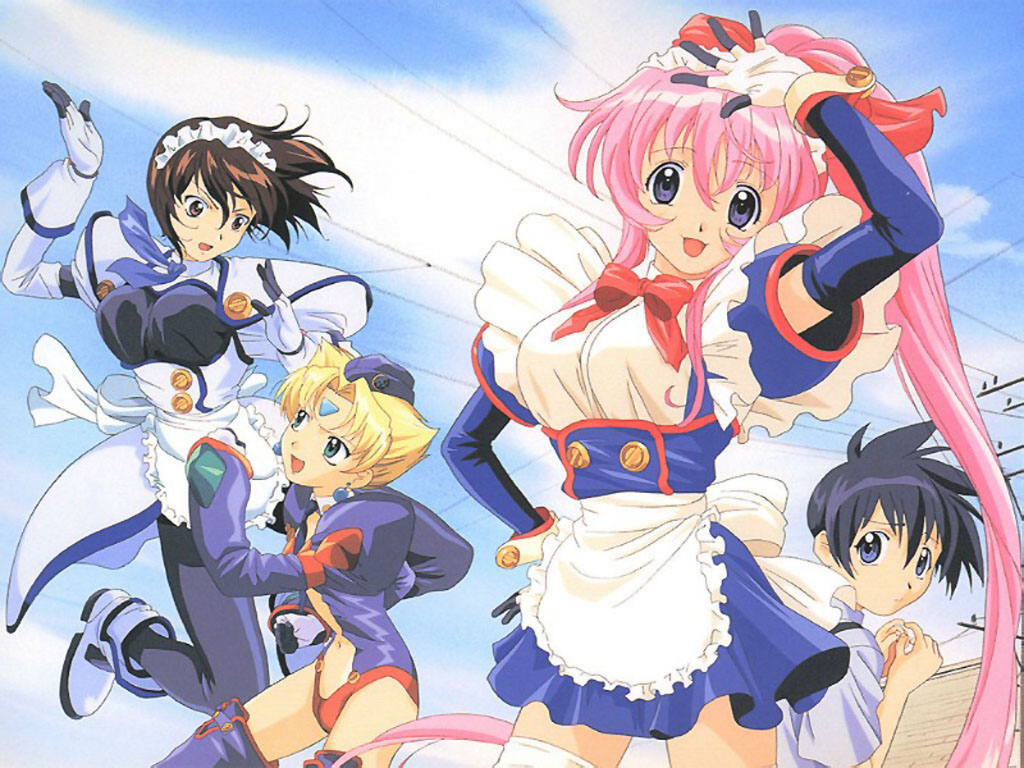 1boy, 3girls, bow, day, fighting, gloves, hat, kagura_nakahito, karinka, karinka_(koutetsu_tenshi_kurumi), koutetsu_tenshi_kurumi, kurumi, kurumi_(koutetsu_tenshi_kurumi), maid, multiple_girls, pantyhose, power_lines, saki_(koutetsu_tenshi_kurumi), saki_(steel_angel_kurumi), scan, skirt, sky, teenage_girl_and_younger_boy, thighhighs, zettai_ryouiki