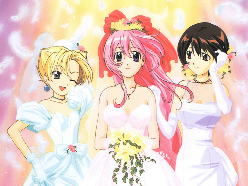 3girls, bow, bride, dress, earrings, flower, gloves, jewelry