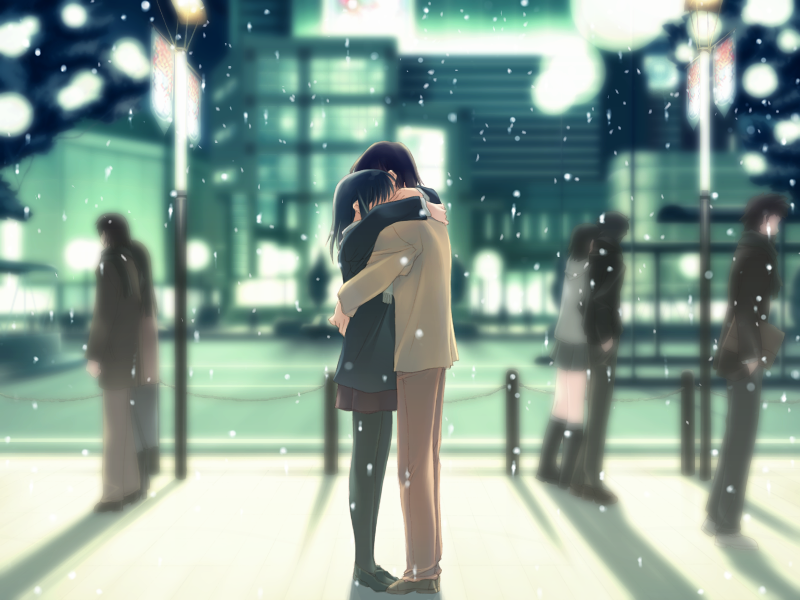 3girls, 4boys, arm_around_another's_waist, arms_around_neck, black_hair, black_legwear, blurry, boots, briefcase, building, city, coat, couple, depth_of_field, from_side, full_body, game_cg, hand_in_pocket, hand_on_another's_back, hand_on_another's_shoulder, height_difference, holding, hug, kida_tokinori, knee_boots, kurihara_touko, lamppost, lights, loafers, long_hair, miniskirt, mitsumi_misato, multiple_boys, multiple_girls, nakamura_takeshi, outdoors, pants, pantyhose, railing, road, scarf, shadow, shoes, short_hair, skirt, snow, snowing, standing, street, tenshi_no_inai_12-gatsu